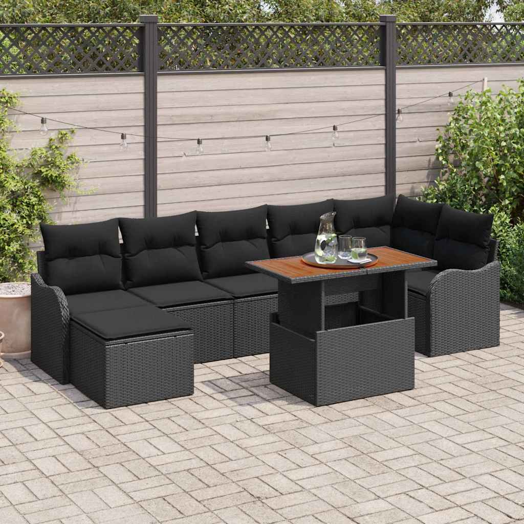 Set di divani da giardino  8 pezzi con cuscini neri in rattan sintetico e legno di acacia 3349491