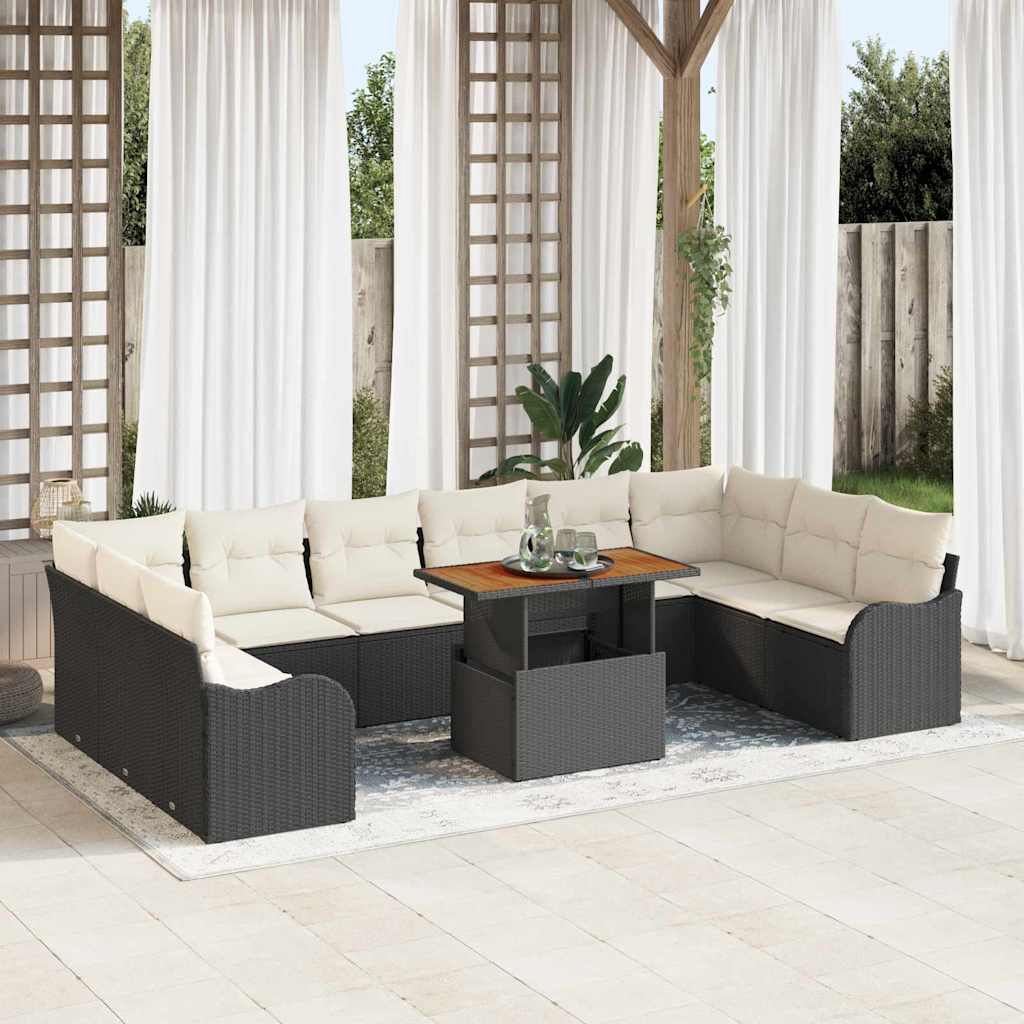 Set di divani da giardino 11 pezzi  con cuscini in rattan sintetico nero e legno di acacia. 3349508