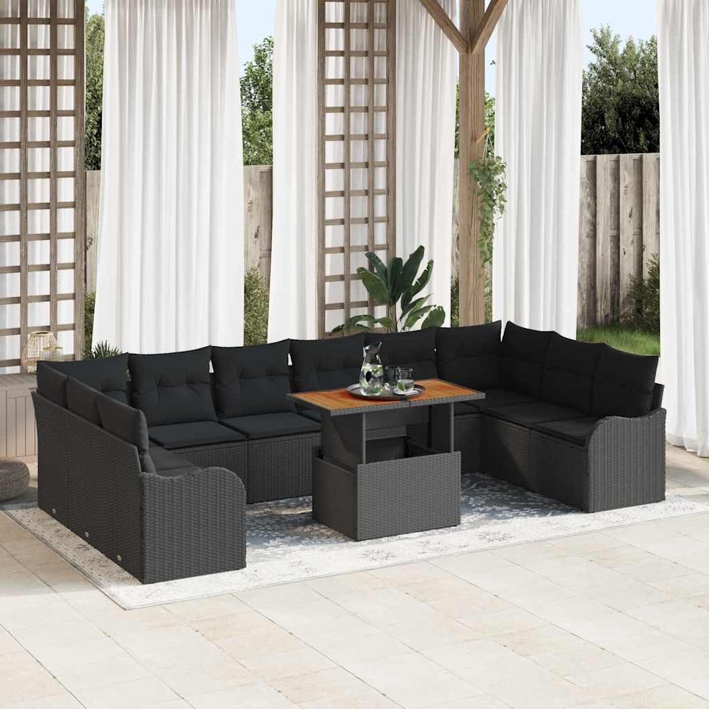 Set Divano da Giardino 11 Pezzi  con Cuscini, Nero in Polyrattan e Acacia. 3349512
