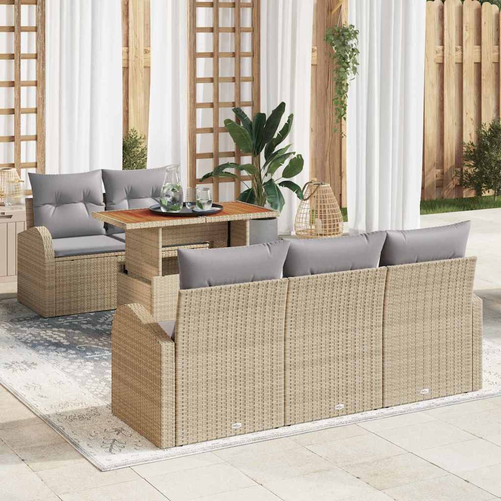 Set da pranzo da giardino  6 pezzi con cuscini beige in rattan sintetico e acacia. 3349524