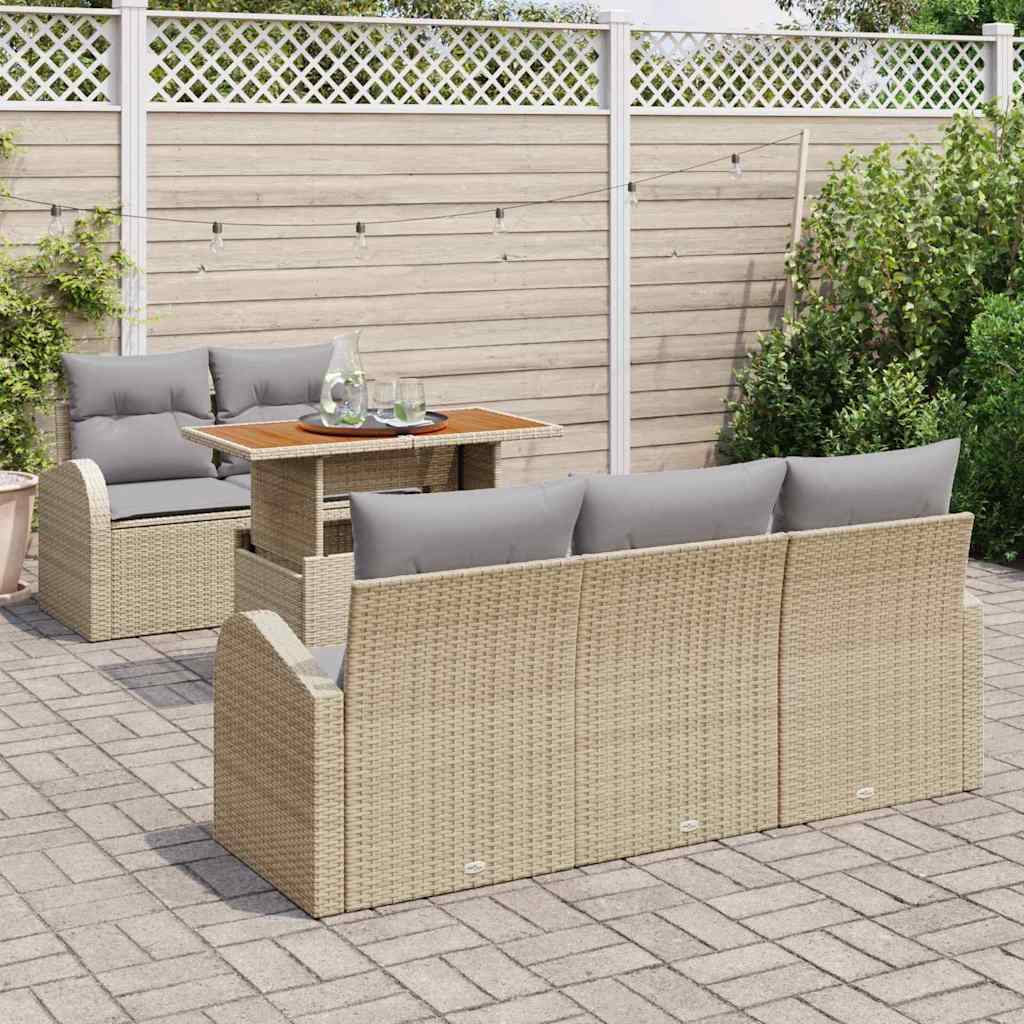 Set da pranzo da giardino  6 pezzi con cuscini beige in rattan sintetico e acacia. 3349524