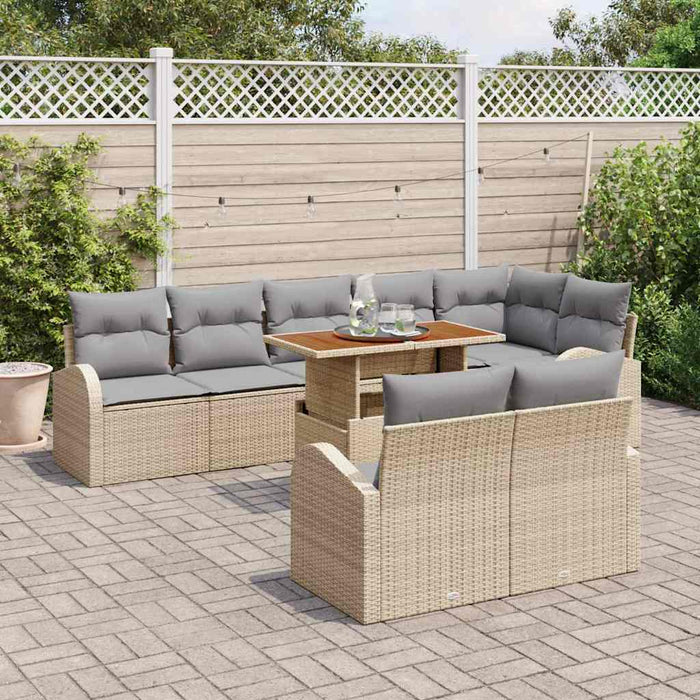 Set da Pranzo da Giardino  9 Pezzi con Cuscini Beige in Rattan Sintetico e Acacia 3349601