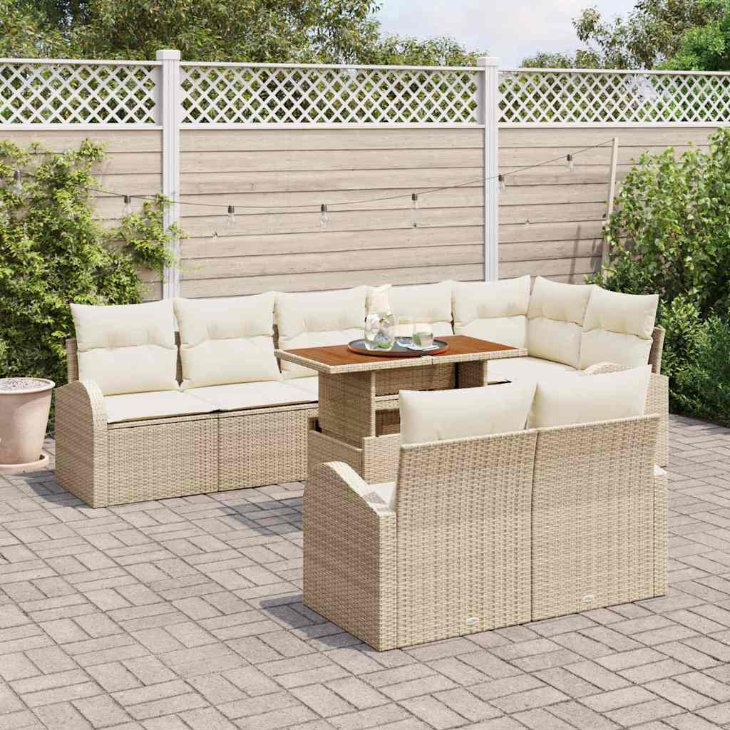Set da Giardino  da 9 Pezzi con Cuscini Beige in Rattan e Acacia. 3349602