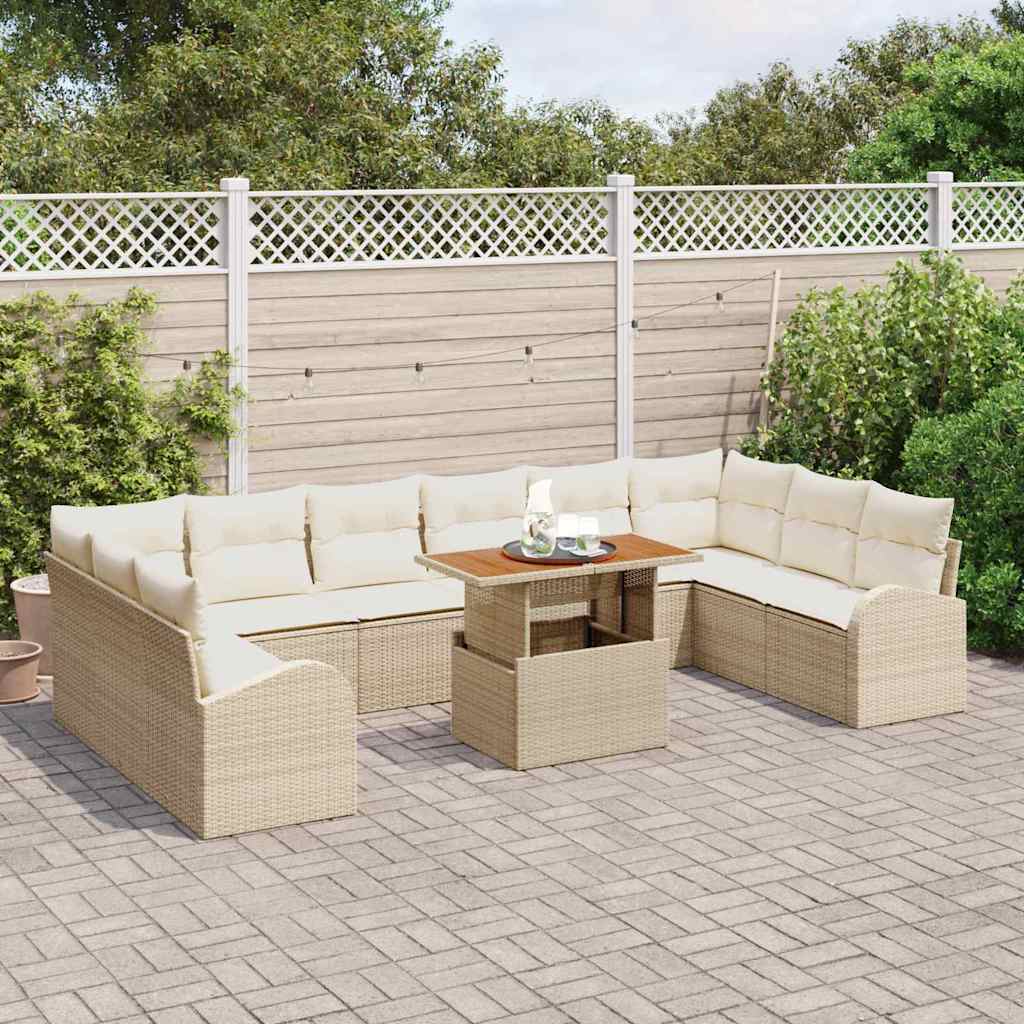 Set pranzo da giardino 11 pezzi  con cuscini in polirattan beige e legno di acacia. 3349637