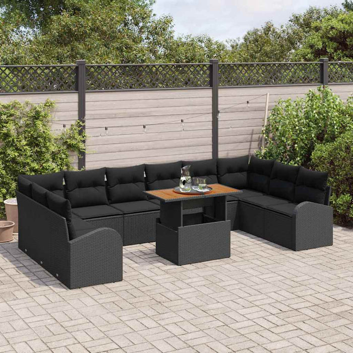 Set Pranzo Giardino 11 Pezzi con Cuscini Polyrattan Nero Acacia 3349638