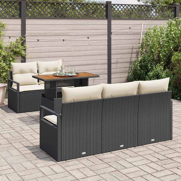 Set di divani da giardino , 6 pezzi con cuscini in rattan sintetico nero e acacia. 3349648