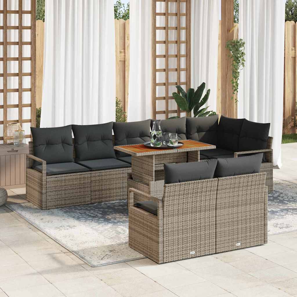 Set di divani da giardino vitaXL con 9 pezzi e cuscini grigi in polyrattan e acacia. 3349726
