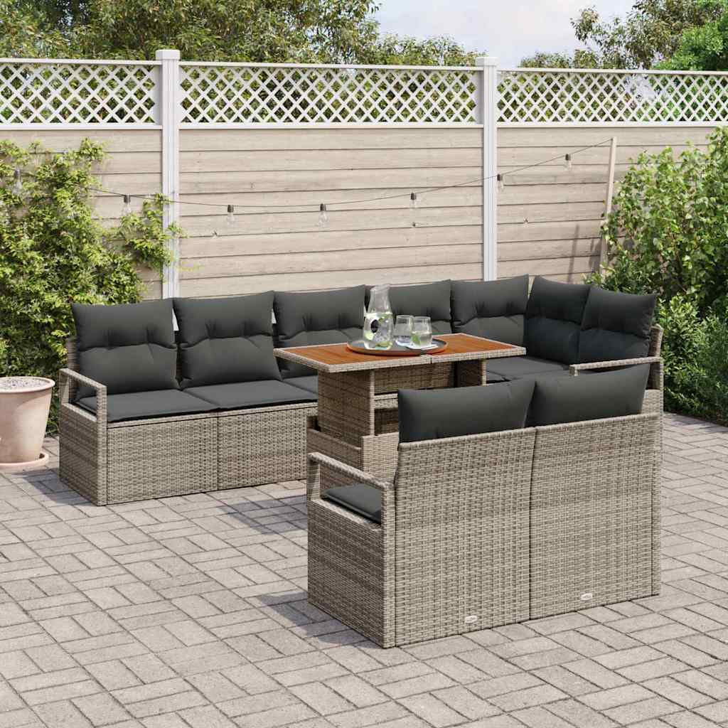 Set di divani da giardino vitaXL con 9 pezzi e cuscini grigi in polyrattan e acacia. 3349726