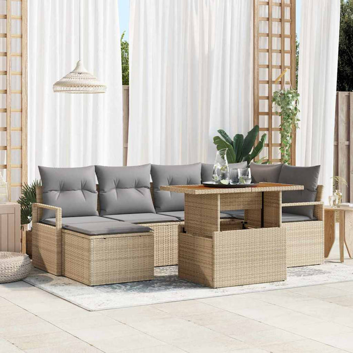 Set di divani da giardino 7 pezzi con cuscini in polirattan beige e acacia 3349734