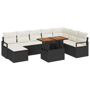 Set da giardino di 9 pezzi con cuscini in polirattan nero e acacia 3349746