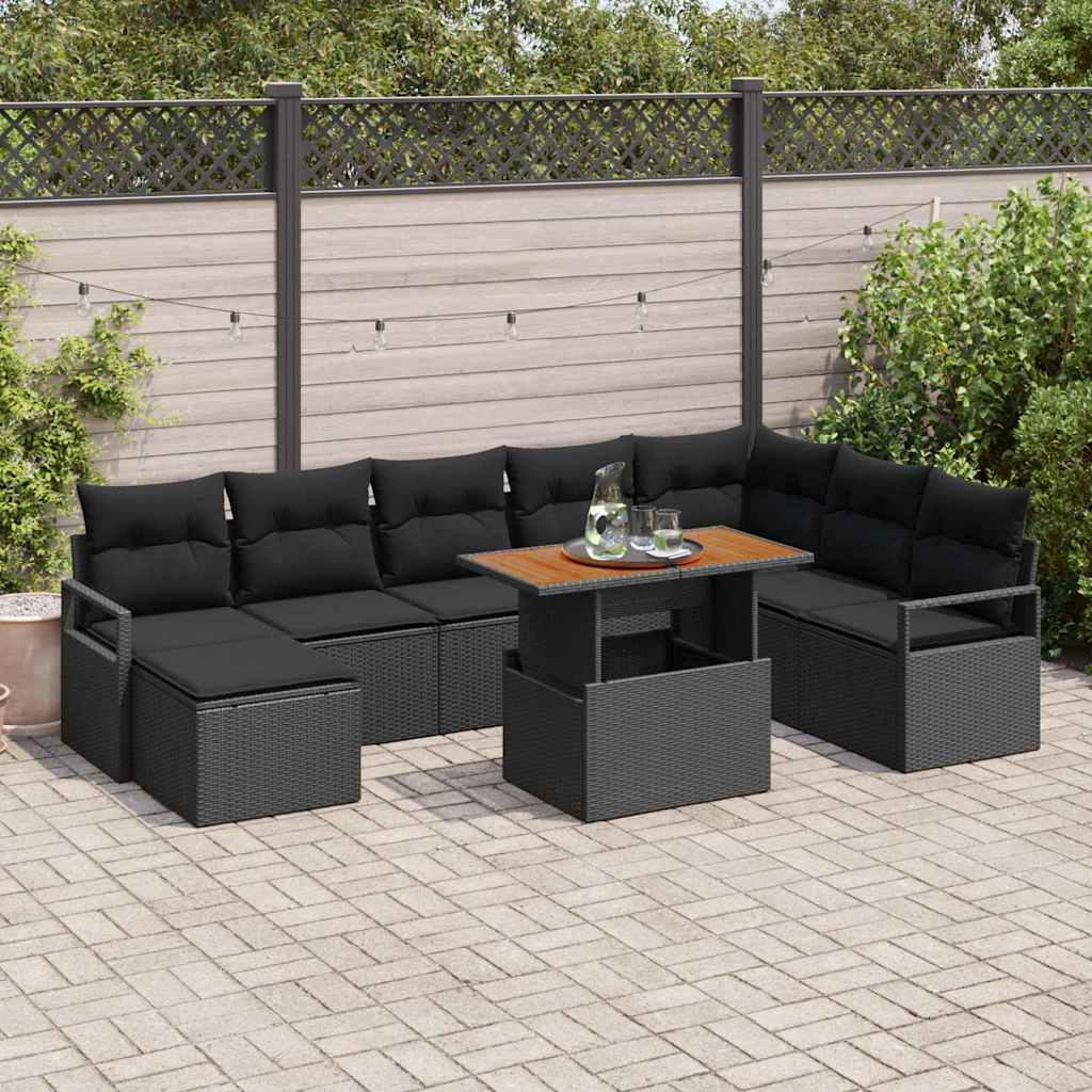 Set di Divano da Giardino 9 Pezzi con Cuscini in Rattan Nero e Acacia 3349750