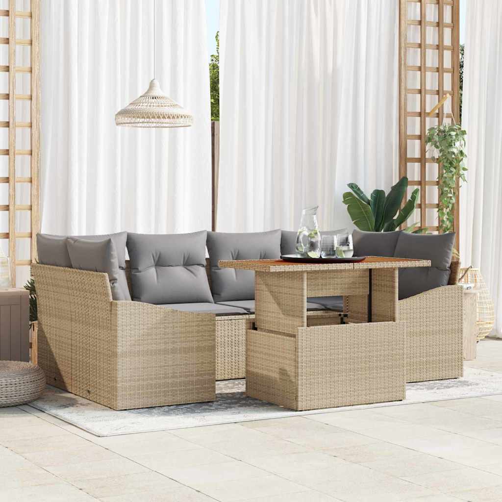 Set da pranzo da giardino 7 pezzi con cuscini beige in polirattan e legno di acacia 3349790