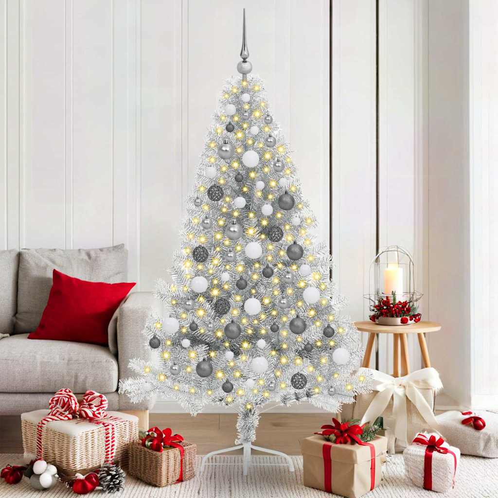 vidaXL Albero di Natale con luci a corde decorative Argento 180 cm