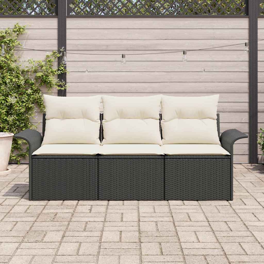 Set Divano da Giardino con cuscino 3 pz-Sofa da Giardino-Divanetto da esterno Nero Poly Rattan 407768