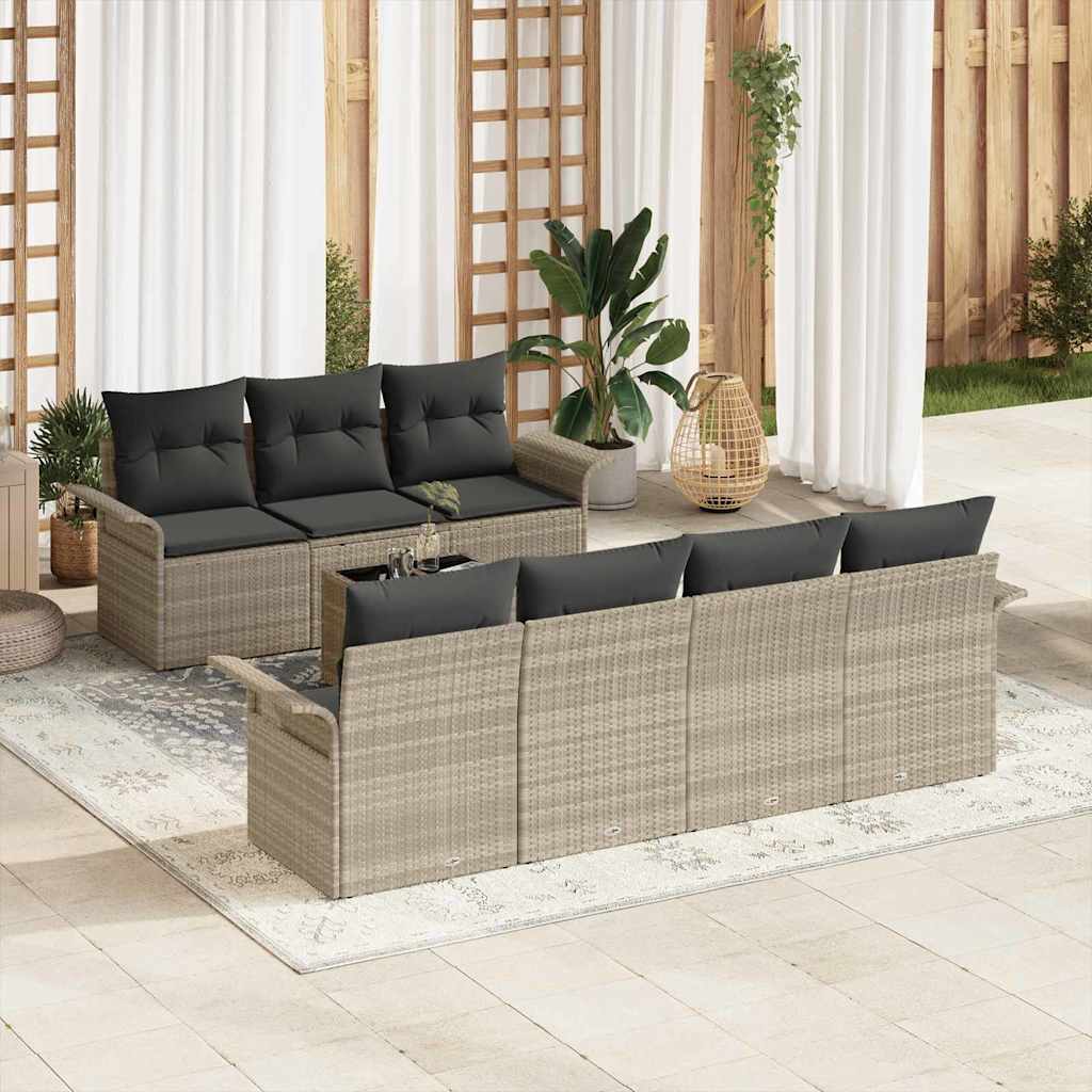 Set di divani da giardino 8 pezzi con cuscini grigio chiaro in polirattan 3353941
