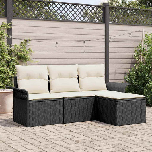 Set Divano da Giardino con cuscino 4 pz-Sofa da Giardino-Divanetto da esterno Nero Poly Rattan 213971
