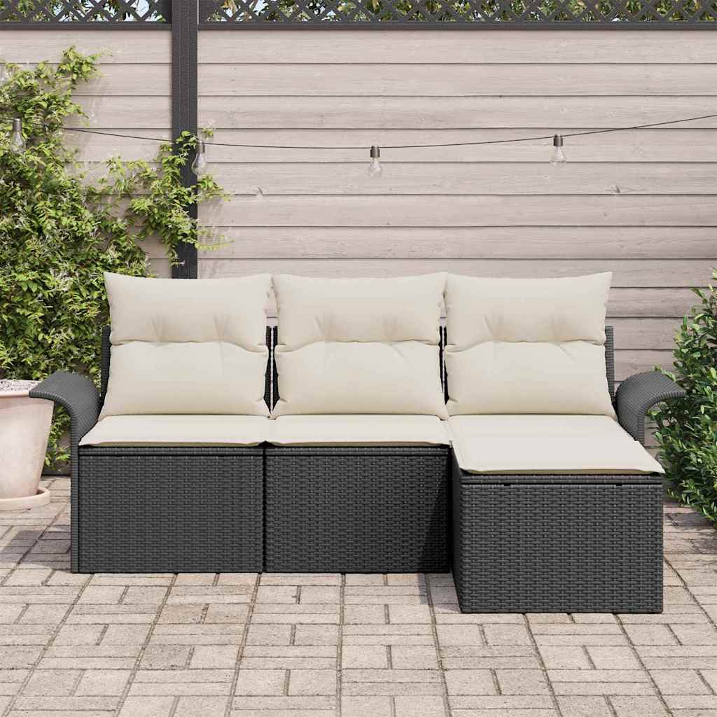 Set Divano da Giardino con cuscino 4 pz-Sofa da Giardino-Divanetto da esterno Nero Poly Rattan 213971