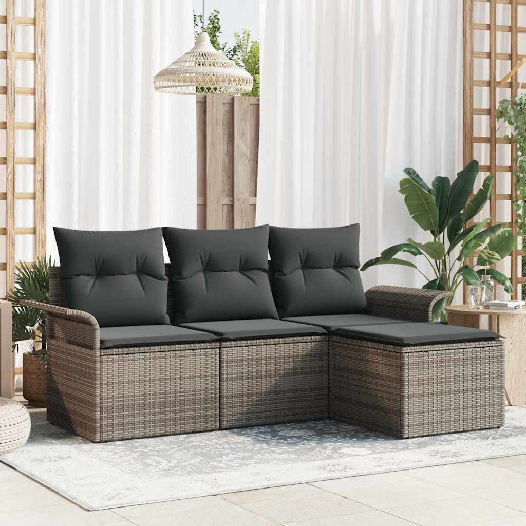 Set Divano da Giardino con cuscino 4 pz-Sofa da Giardino-Divanetto da esterno Grigio Poly Rattan 615748