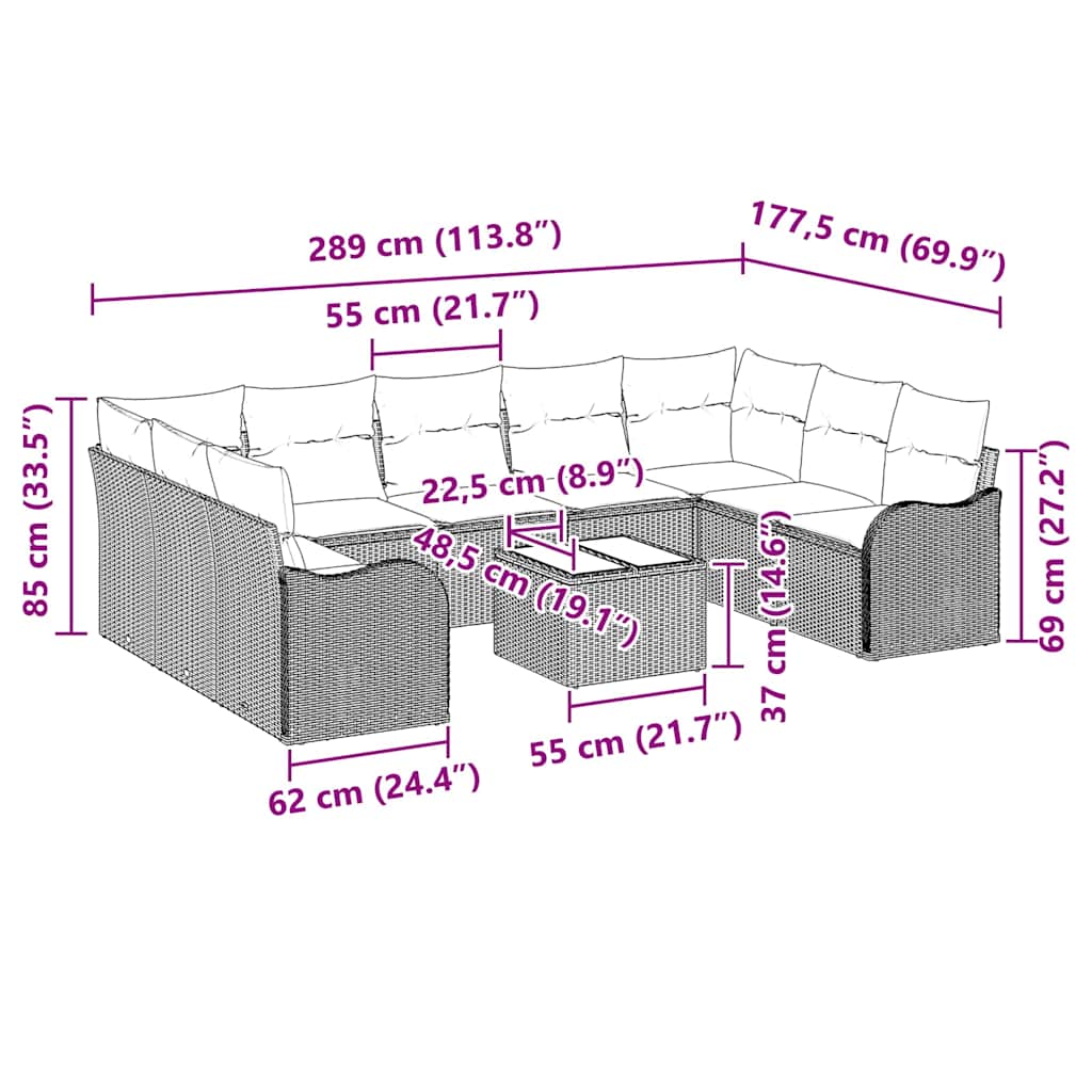 Set Divano da Giardino da 10 Pezzi con Cuscini Marroni in Polirattan 3354540