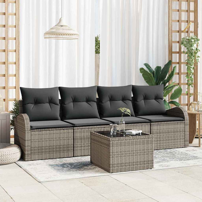Set Divano da Giardino 5 pz-Sofa da Giardino-Divanetto da esterno Grigio Polyrattan, Acciaio e Vetro