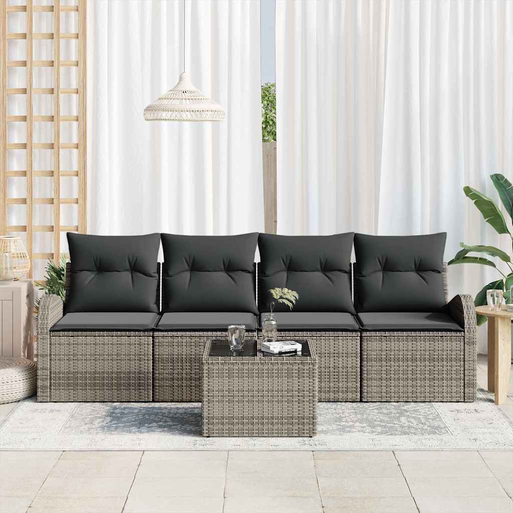 Set Divano da Giardino 5 pz-Sofa da Giardino-Divanetto da esterno Grigio Polyrattan, Acciaio e Vetro