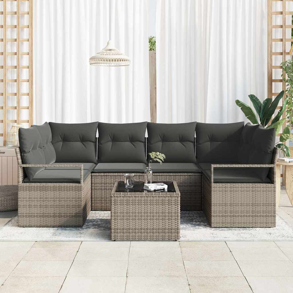 Set da Giardino 7 Pezzi con Cuscini in Polyrattan Grigio 3354948