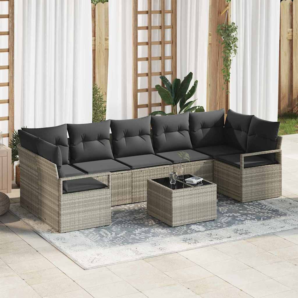 Set da giardino con 8 pezzi di divani e cuscini grigio chiaro in polyrattan 3354971