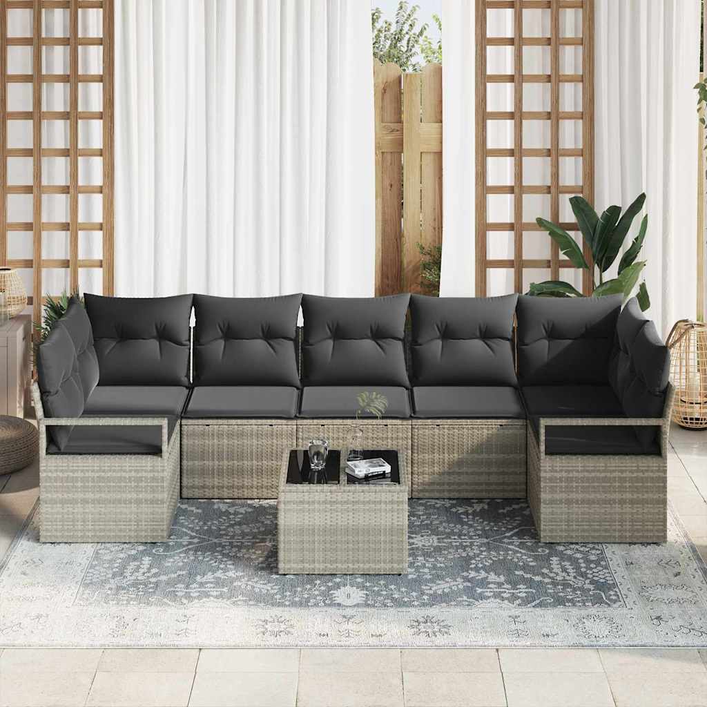Set da giardino con 8 pezzi di divani e cuscini grigio chiaro in polyrattan 3354971
