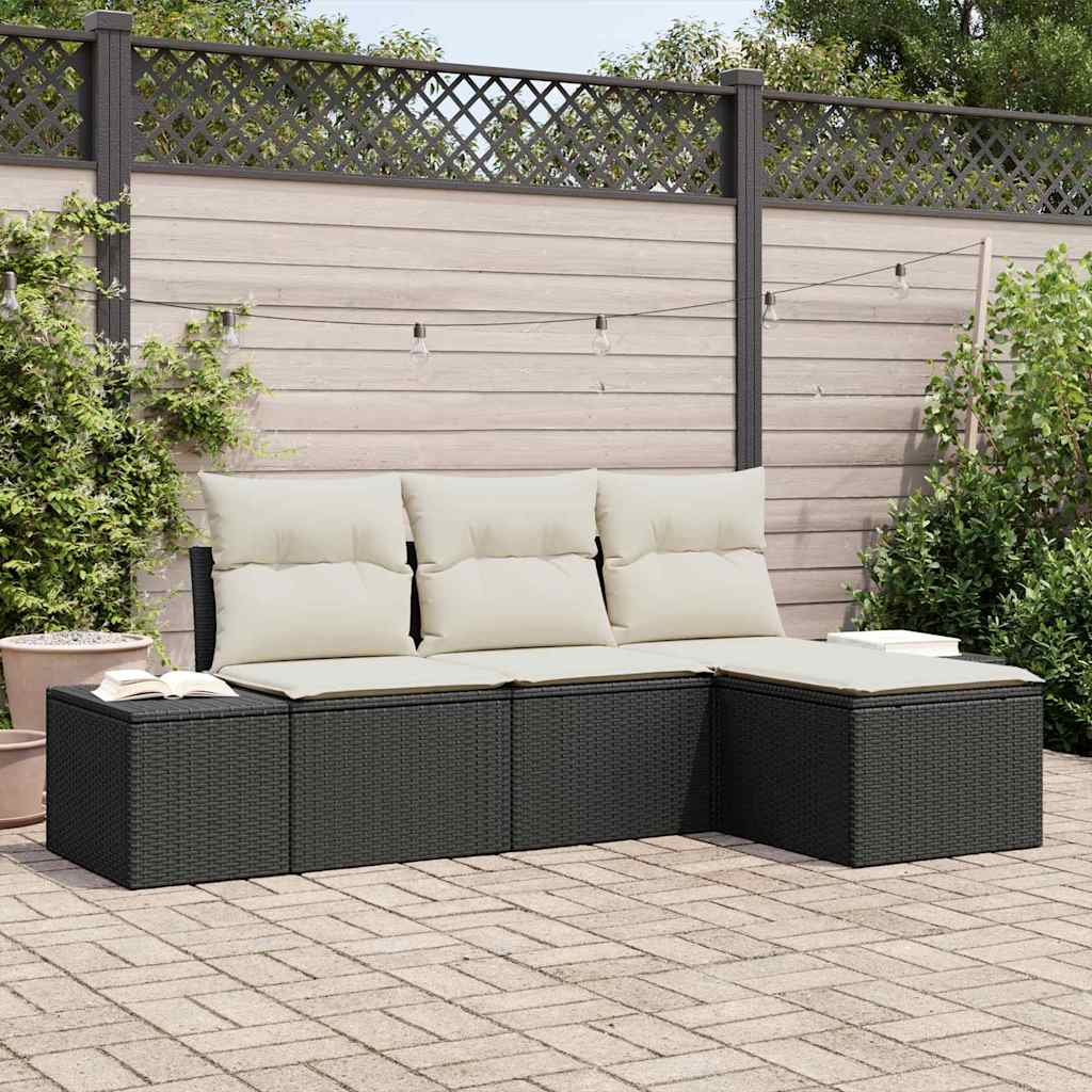 Set Divano da Giardino 4 pz-Sofa da Giardino-Divanetto da esterno Nero e Crema polyrattan 427365