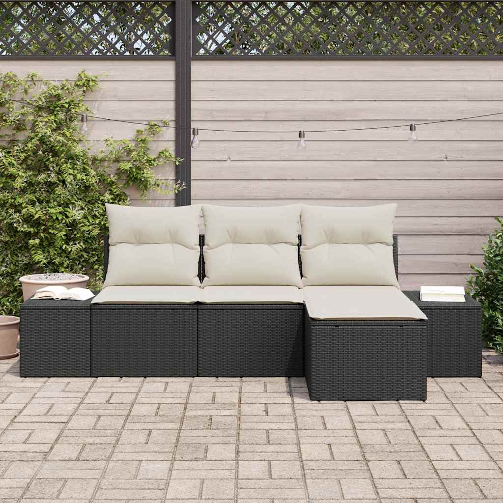 Set Divano da Giardino 4 pz-Sofa da Giardino-Divanetto da esterno Nero e Crema polyrattan 427365