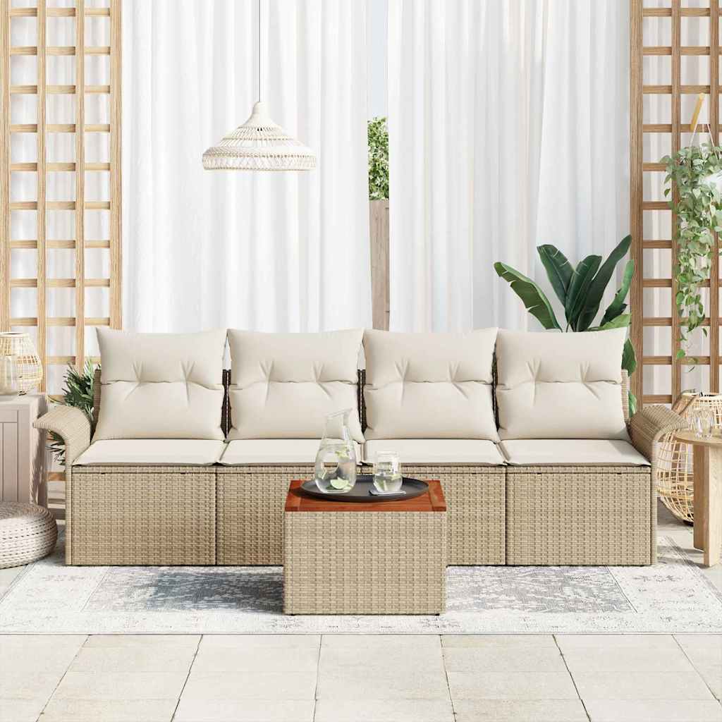 Set di Mobili da Giardino 5 Pezzi  con Cuscini Beige in Rattan Sintetico e Acacia. 3355929