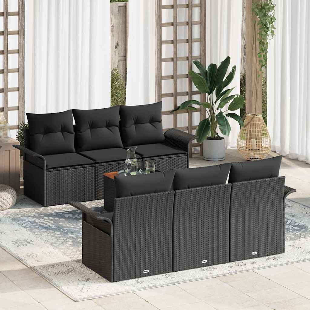 Set divano da giardino 7 pezzi  con cuscini, rattan sintetico nero e legno di acacia. 3355944