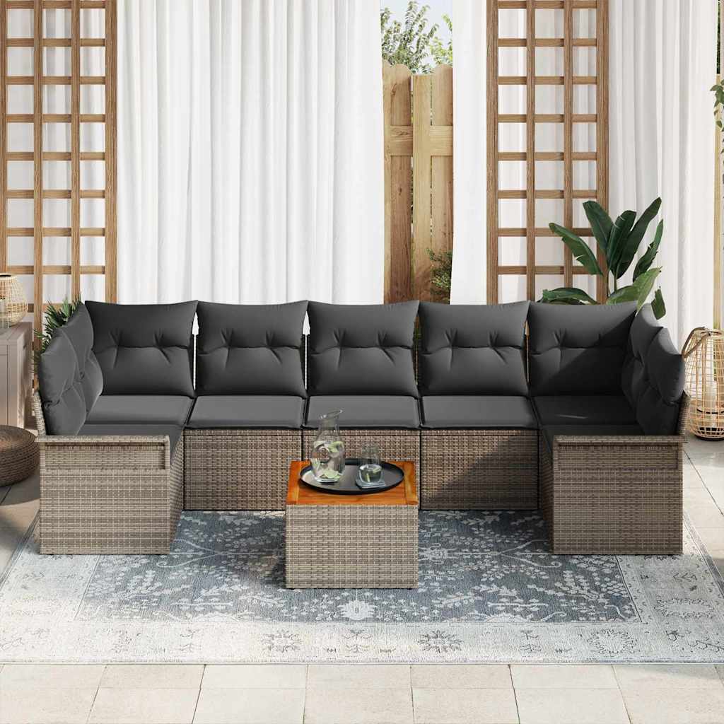 Set Divano da Giardino 8 Pezzi con Cuscini in Rattan Grigio e Legno di Acacia 3355962