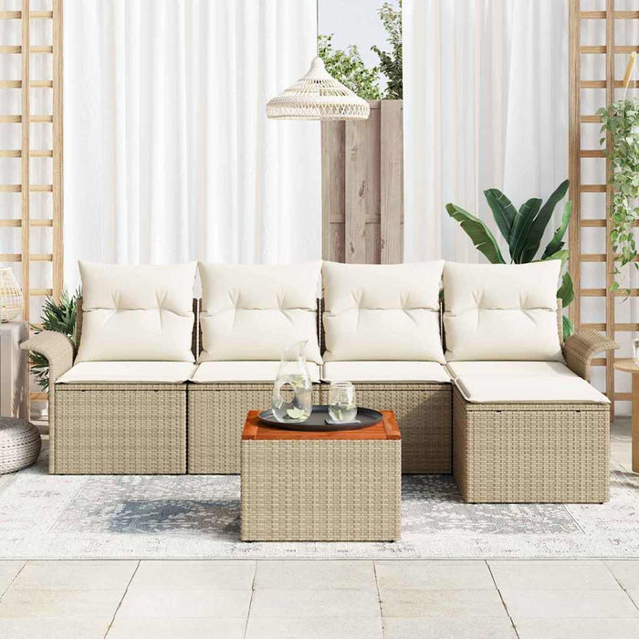 Set giardino 6 pezzi  con cuscini beige in rattan di poliestere e legno di acacia. 3355985