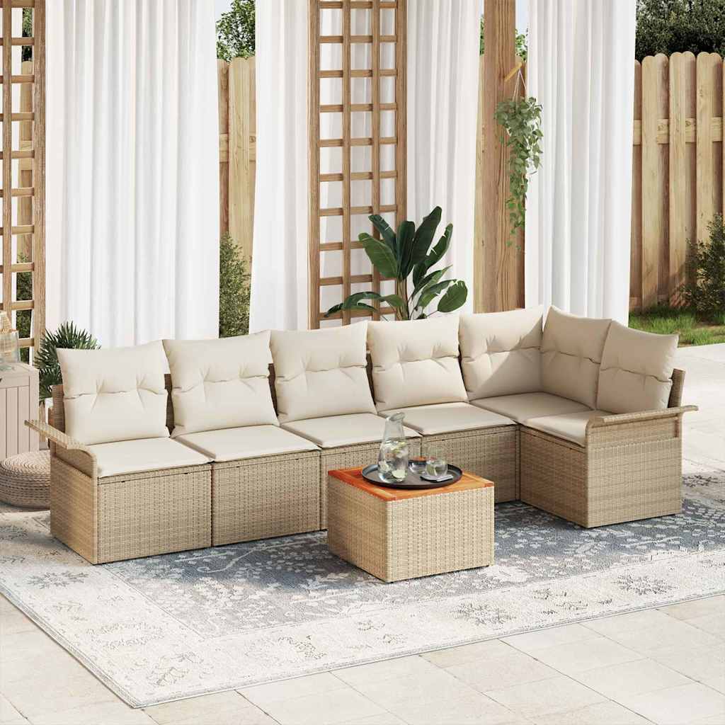 Set da Giardino  in 7 Pezzi con Cuscini in Rattan Polietilene Beige e Acacia. 3356006