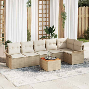 Set da Giardino  in 7 Pezzi con Cuscini in Rattan Polietilene Beige e Acacia. 3356006