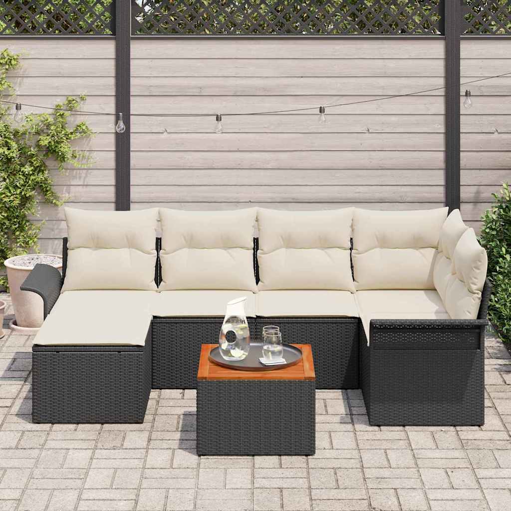 Set da Giardino 7 Pezzi  con Cuscini in Rattan Nero Poly e Acacia 3356017
