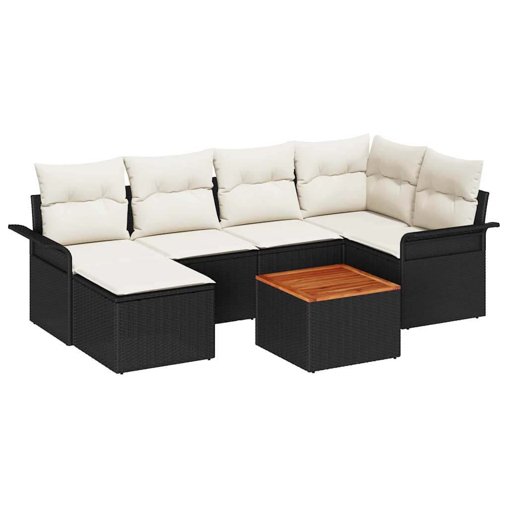 Set da Giardino 7 Pezzi  con Cuscini in Rattan Nero Poly e Acacia 3356017