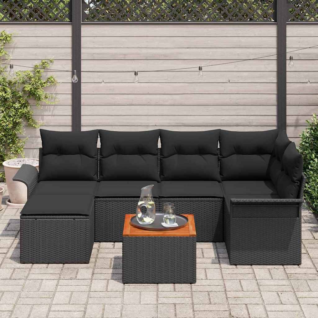 Set divani da giardino 7 pezzi  con cuscini in polyrattan nero e legno di acacia. 3356021