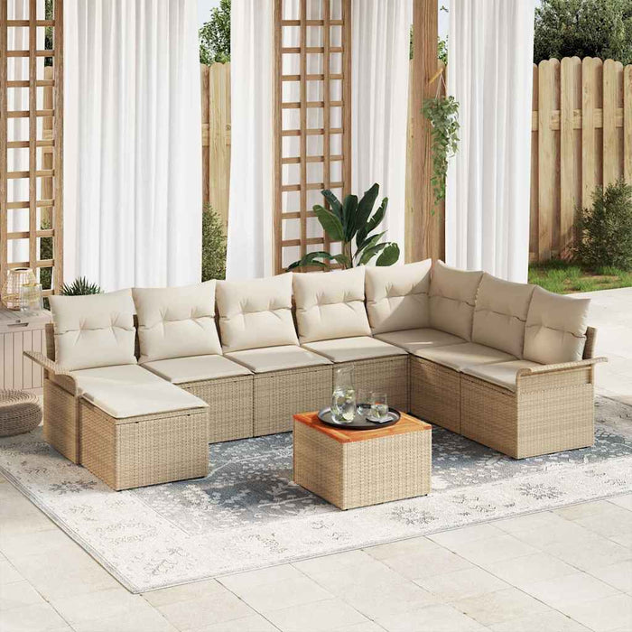 Set di divani da giardino 9 pezzi con cuscini beige in poly rattan e legno di acacia 3356034