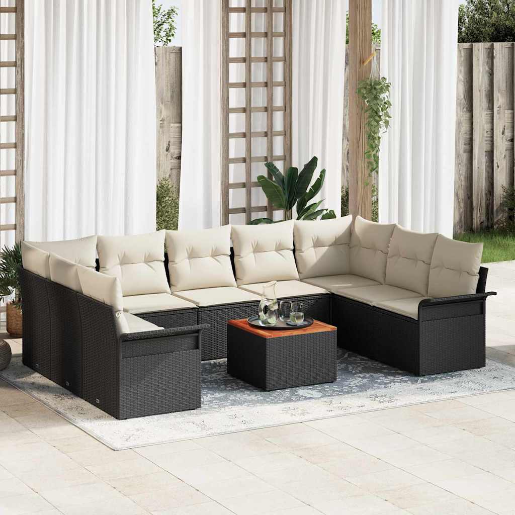 Set da Giardino  in 10 Pezzi con Cuscini in Rattan Sintetico Nero e Acacia 3356038
