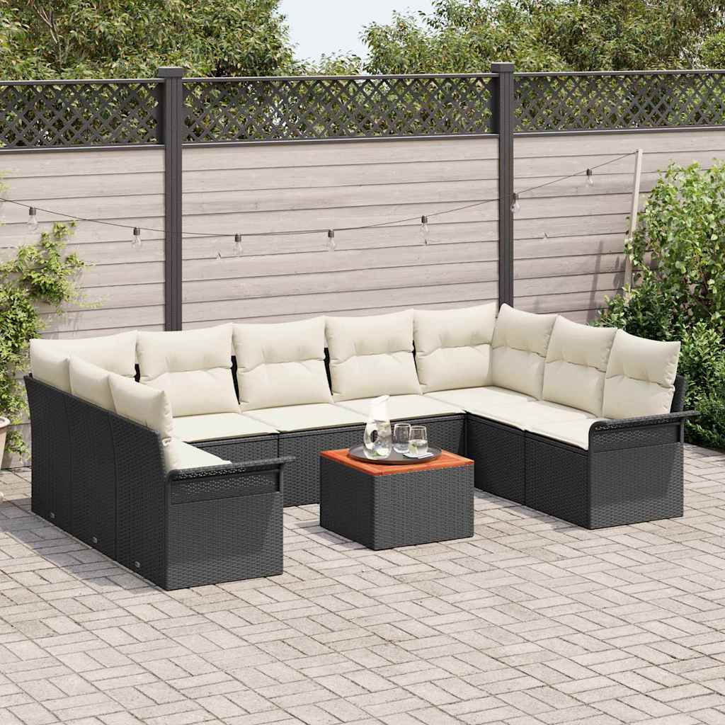 Set da Giardino  in 10 Pezzi con Cuscini in Rattan Sintetico Nero e Acacia 3356038