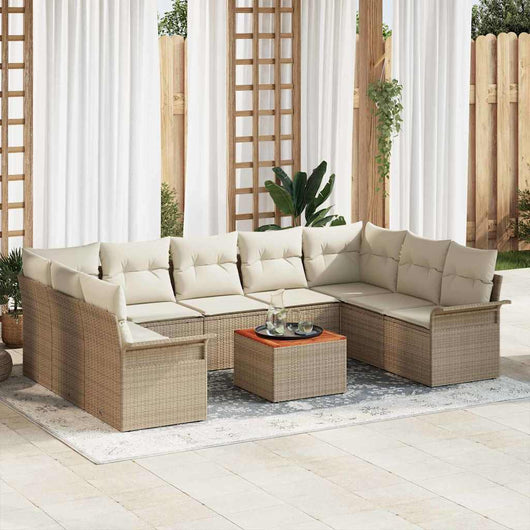 Set di Divani da Giardino  da 10 Pezzi con Cuscini Beige in Polyrattan e Acacia 3356041