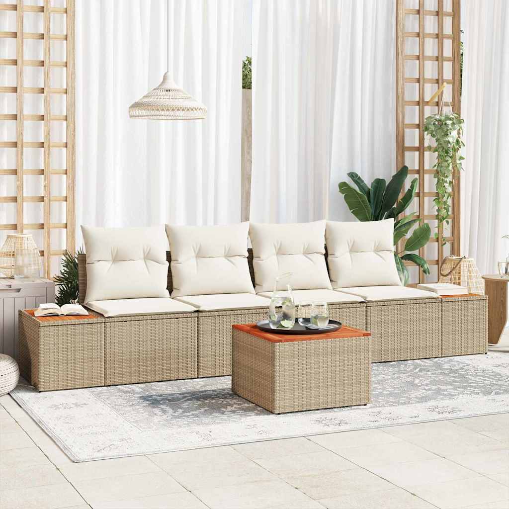Set Divano da Giardino 5 Pezzi con Cuscini Beige Polyrattan Acacia 3356691
