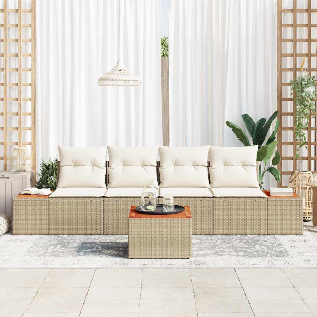 Set Divano da Giardino 5 Pezzi con Cuscini Beige Polyrattan Acacia 3356691
