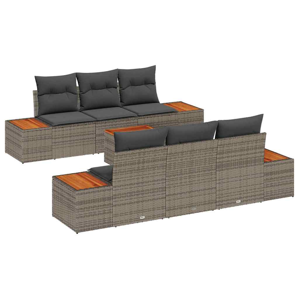 Set di Sofà da Giardino 7 Pezzi con Cuscini Rattan Grigio Acacia 3356699