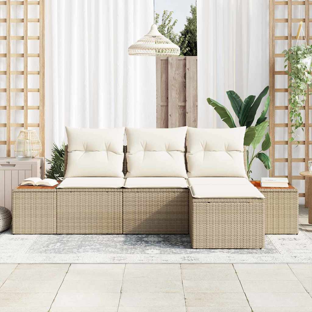 Set di divano da giardino a 4 pezzi con cuscini beige in polirattan e acacia 3356731
