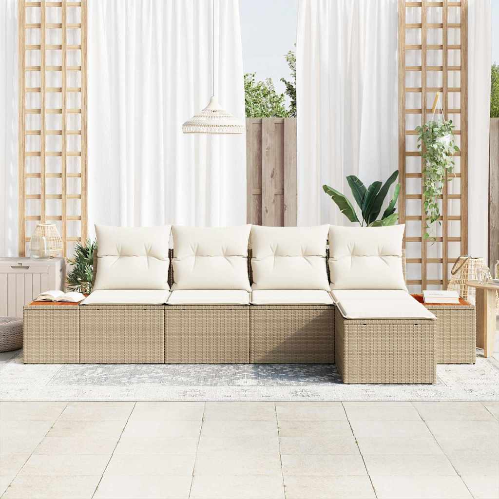 Set di divani da giardino  a 5 pezzi con cuscini in polirattan beige e struttura in acacia. 3356736