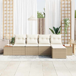 Set di divani da giardino  a 5 pezzi con cuscini in polirattan beige e struttura in acacia. 3356736