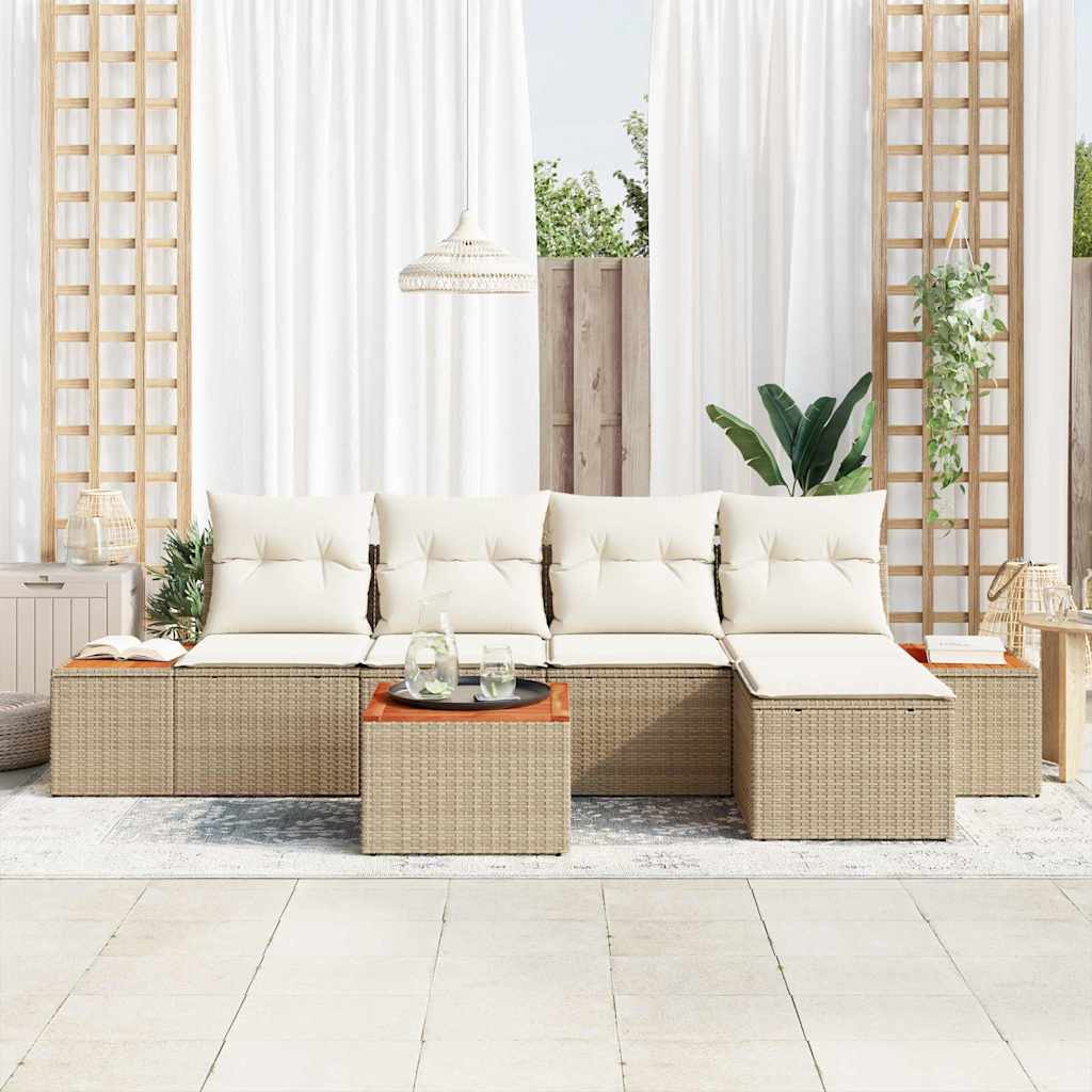 Set di divani da giardino  con cuscini, 6 pezzi, beige, in polirattan e acacia. 3356741